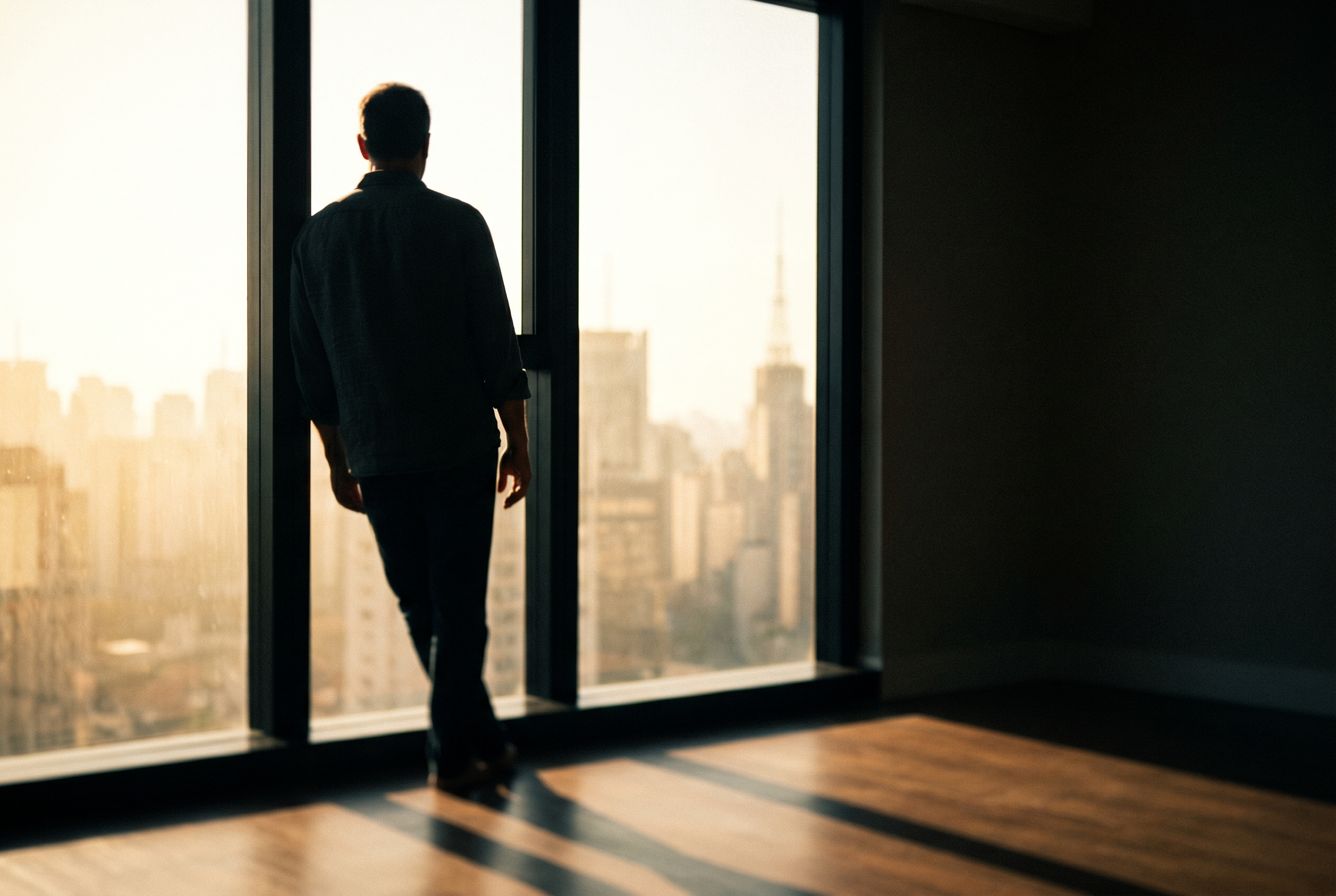Proprietário tranquilo observando São Paulo ao entardecer pela janela do apartamento