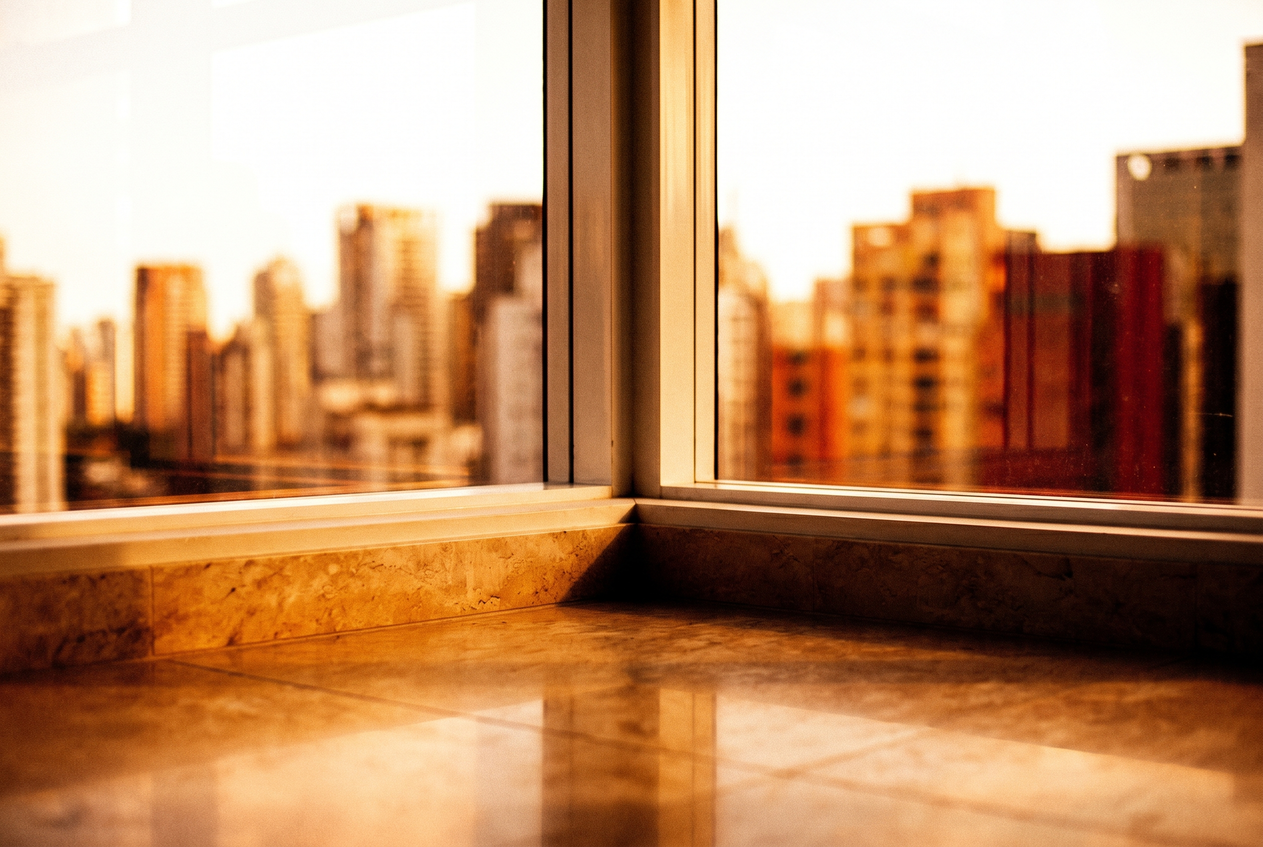 Interior de apartamento de alto padrão com piso polido refletindo luz dourada da janela e vista de São Paulo ao fundo